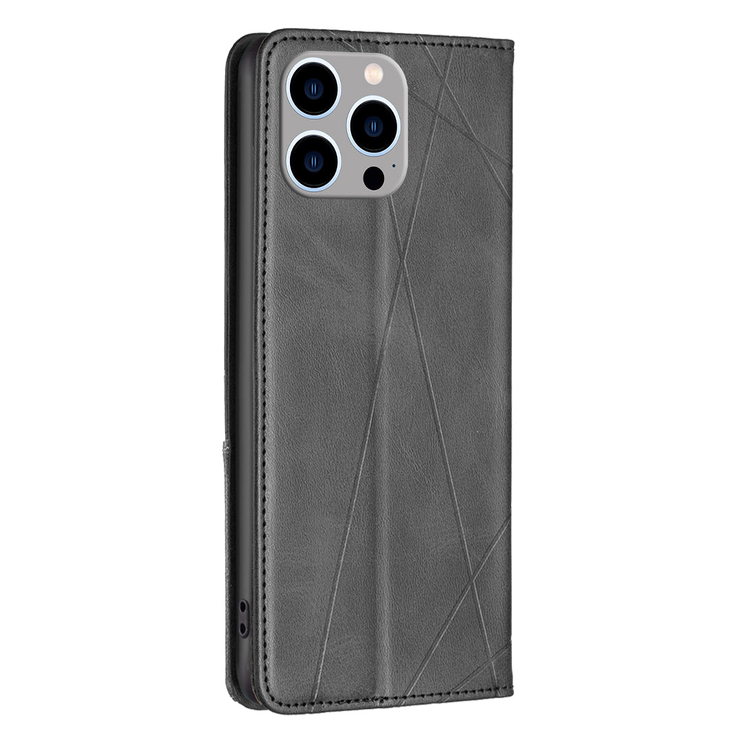 Uniqkart for iPhone 15 Pro Max Stand Leather Phone Cover Card Holder Shell Imprinted Line Cell Phone Case - Black Uniqkart for iPhone 15 Pro Max Stand Leather Phone Cover Card Holder Shell Imprinted Line Cell Phone Case - Black